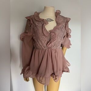 Elegant Lace Ruffle Blouse - Dusty Pink